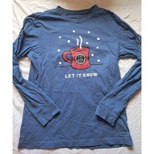 Life Is Good Shirt Mens Small Blue Coffee Cup Snow Long Sleeve